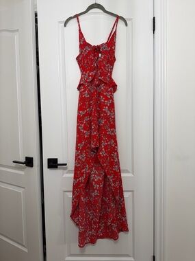 Red Floral Tie-Front High-Low Maxi Dress